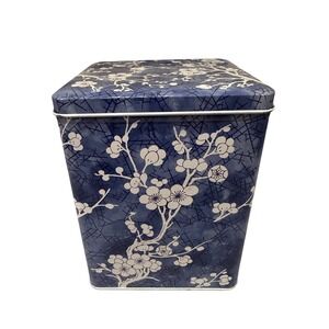 Daher Vintage Tin Blue And White  Cherry Blossom Storage Box England With Lid 6"
